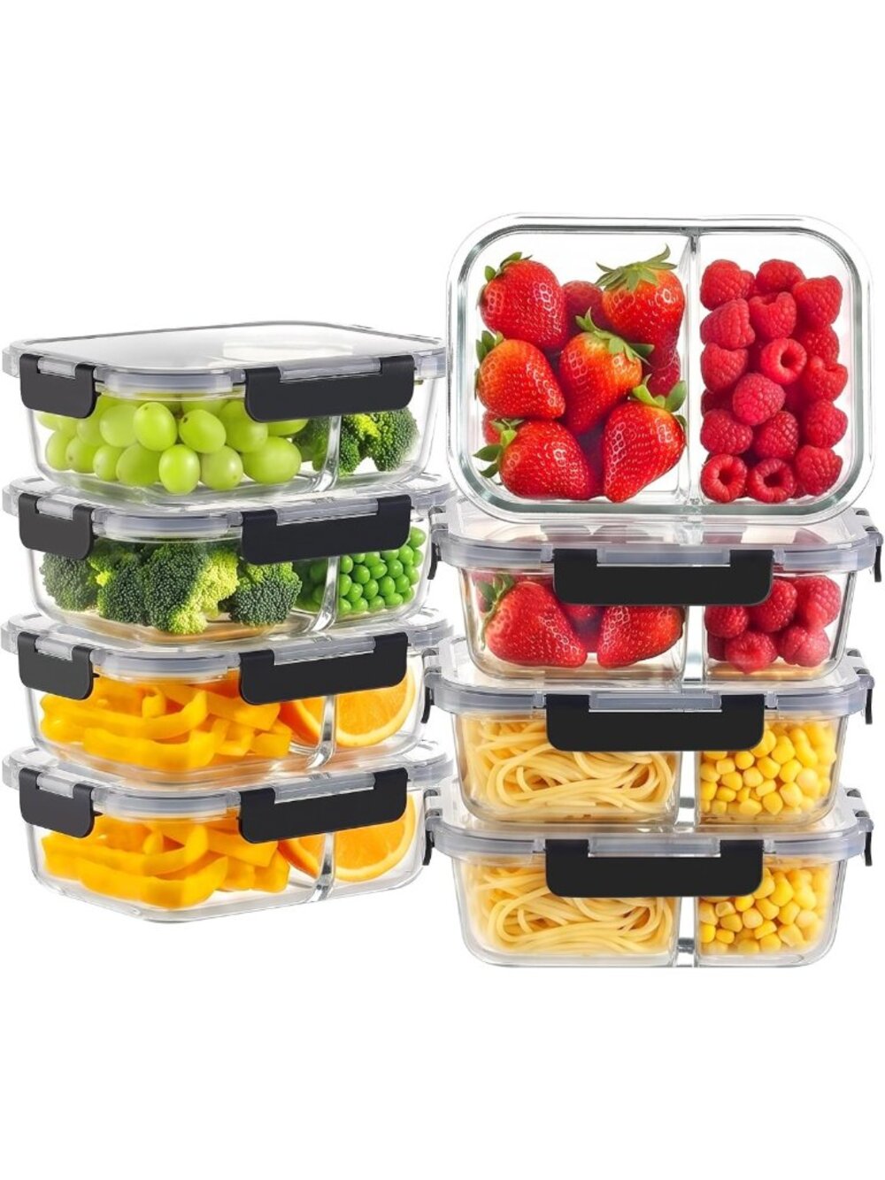 8-Pack 36oz Glass Meal Prep Containers with Lids - 2 Compartment, BPA-Free